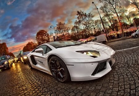 Lamborghini Aventador - sky, lights, car, road, clouds, trees, hdr