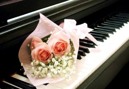 Music and Flowers - blooms, piano, flowers, roses