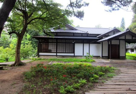 Japanese-style house - flowers, house, japanese-style, park