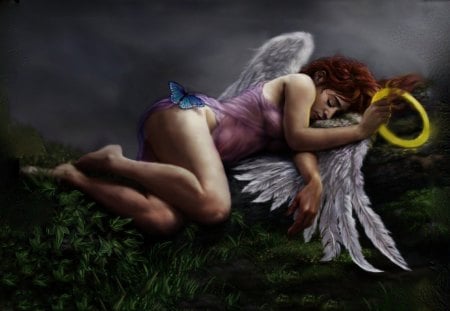 sleeping angel - artistic, wings, butterfly, grass, angel