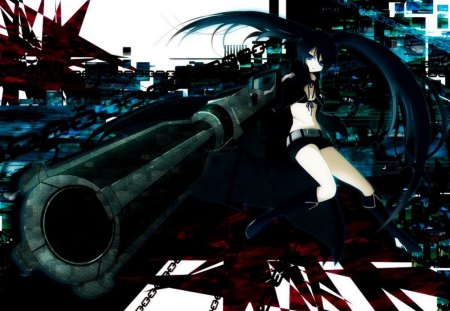 Black Rock Shooter - anime, blue, gun, girl, long hair, dark, black rock shooter, red, black hair, cute, blue eyes