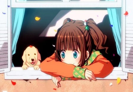 Sayaka And Miko - anime, window, girl, room, dog, brown hair, long hair, sayaka, cute, friends, miko, blue eyes