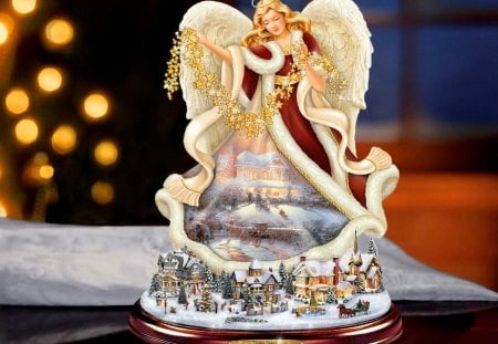 Christmas angel - pretty, blonde, angel, holiday, nice, houses, beautiful, girl, holy, sparkling, lovely, village, christmas, colorful, lady, woman, wings, new year