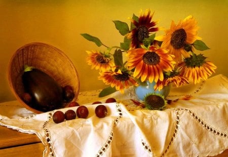 Still life - pretty, sunflowers, yellow, room, fresh, golden, nice, vase, hat, delicate, beautiful, table, lovely, freshness, still life, flower, tender