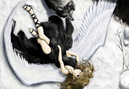 FALLEN ANGEL - snow, angel, gothic, wolf