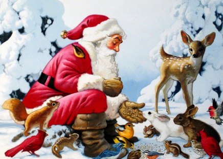 Santa's life - pretty, birds, rabbits, snow, forest, santa claus, nice, trees, beautiful, roe, lovely, love, life, care, deer, bunnies, peaceful, animals