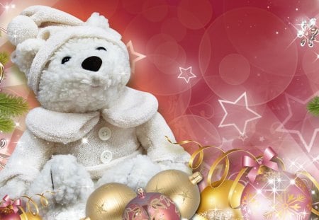 White Teddy Christmas New Year - sparkle, balls, stuffed animal, bows, pink, stars, toy, christmas, feliz navidad, glow, glitter, decorations, xmas, ribbons