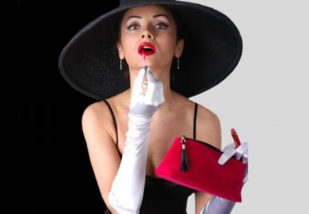 accessory - woman, gloss, hat, accessory, fashion, black, gloves, purse, model, white, red, lipstick