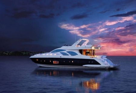 Yacht At Twilight - yacht, sky, clouds, water, sunset