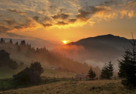 magnificent sunrise in the valley - clouds, sunrise, huts, mountains, valley