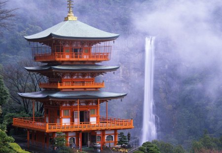 wondrous waterfall in china - cliff, waterfall, pagoda, mist