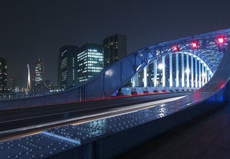 quiet iron bridge - city, bridge, iron, lights