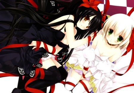 black and white - girls, manga, anime, red ribbon