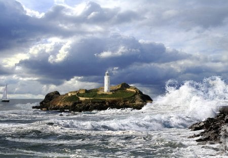 lighthouse on a stormy point - lighthouse, boats, point, sea, waves