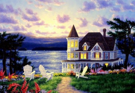 Twilight Spring - lake, victorian house, cobblestone walkway, trees, hills, water, sunset, lawn, clouds, twilight, house, flowers