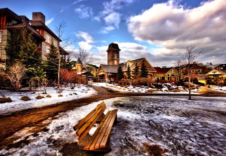 WINTER CITY - winter, snow, bench, city, buildings