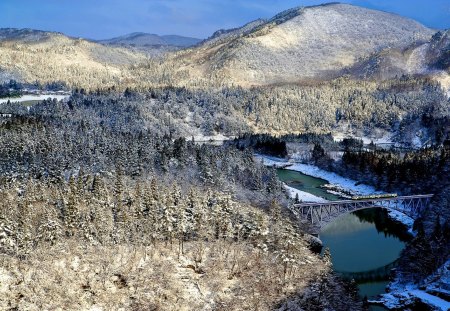 WINTER JOURNEY - train, winter, landscape, track, bridge