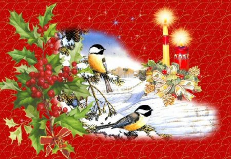 Noel - pretty, birds, fresh, holiday, red, candles, nice, branches, decoration, beautiful, flame, lovely, christmas, berries, noel, lights, new year