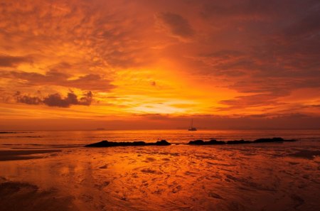 amazing red seascape - beach, red, boat, sea, sky