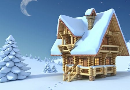 WINTER FAIRY TALES - moon, ice, houses, trees, winter, cottages, christmas, cartoons, snow, seasons, homes, stories