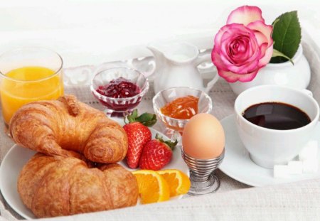 SPECIAL BREAKFAST TRAY - refreshment, rose, fruit, croissants, coffee, food, eggs