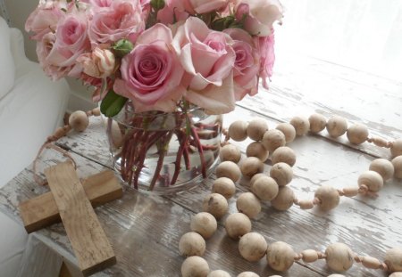 ๑~♥๑ Faith and Flowers ๑♥~๑ - roses, warm, wood, light, pink, faith, flowers, pale pink, rosary, protection, against evil, forever, believe, love, christmas, nature, cross, pastel