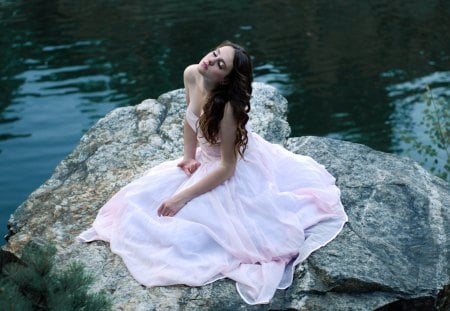 Dreamer - rock, pretty, beauty, beautiful, love, girl, lake, photography, dreamer, nature, woman