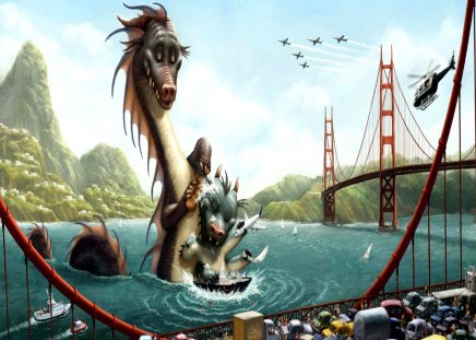 Bath Time - bath, golden gate, dragons, chopper, cars, fantasy