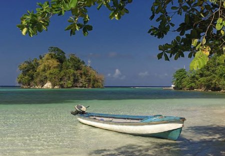 A Perfect Day - trees, water, sky, boat