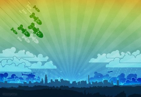 Vector 1484 - color burst, helicopter, clouds, city, bombs