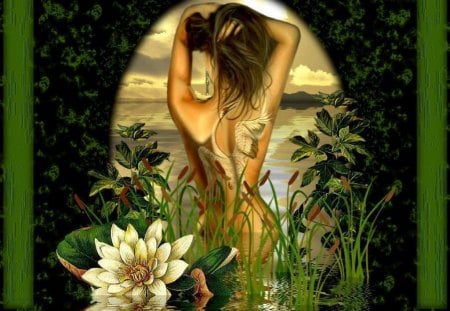 Body Beautiful - bird tattoo, lady, waterlily, pond, frame