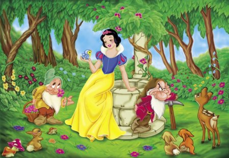 Snow White - rabbit, woods, snow white, flowers, deer, dwarfs