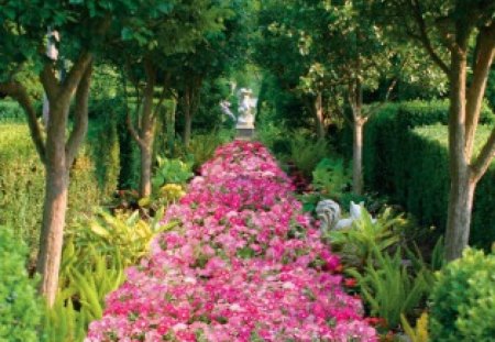 Floral Path - trees, statues, flowers, garden, hedges