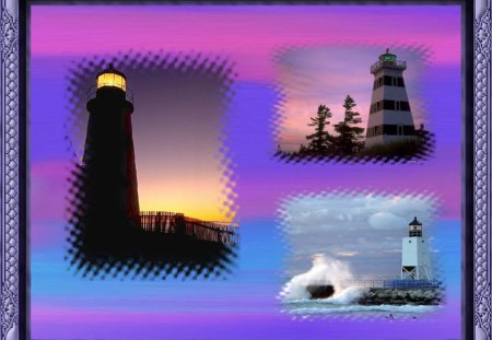 trio of lighthouses collage - lighthouse, purple, nautical, collage, teal, trio, pink