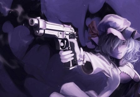 Remilia Scarlet - remilia scarlet, gun, lone, female, wings, purple background, touhou, games, pistol, anime, weapon, video games, white hair