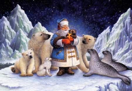 Santa at the North Pole - christmas, north pole, animals, santa claus