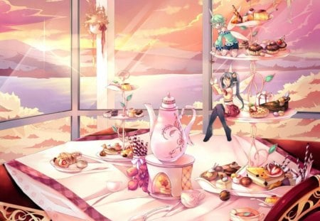 Sweets n Fairy - girl, cookie, wings, anime girl, fantasy, cake, teapot, wing, table, anime, fairy, food, snack