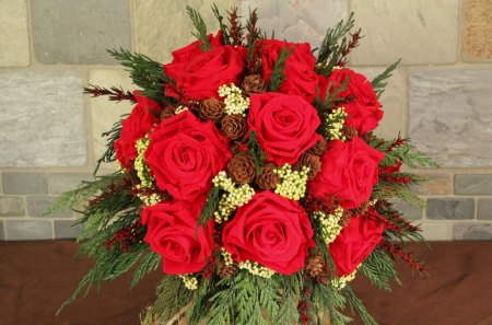 ๑♥๑ Winter Passion ๑♥๑ - winter, forever, special, red roses, beauty, cedar, love, bouquet, flowers, christmas, wonderful, fresh, nature