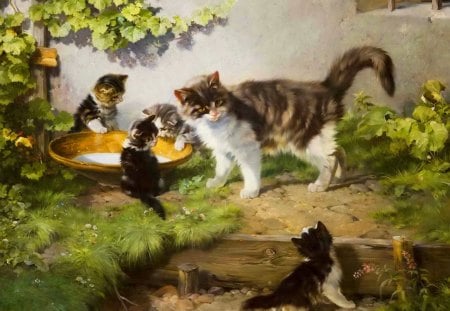 Kittens and their mother - fun, kittens, joy, kitties, painting, home, grass, cute, love, adorable, milk, cat, mother, summer, yard, playing, eat, play, sweet