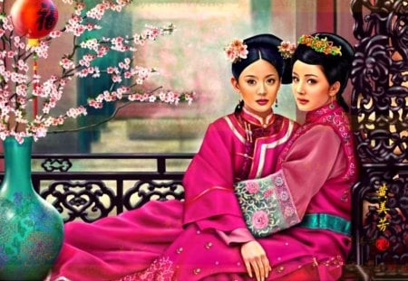 Oriental girls - girls, paint, woman, orient, kimono, art