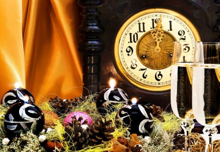 New year - pretty, room, clock, home, joy, curtain, wine, holiday, nice, house, mood, decoration, beautiful, balls, holy, lovely, christmas, colorful, white, champagne, glasses, new year