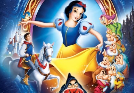 Snow White - popular, movie, seven, fantasy, poster, white, children, classic, prince, cute, dwarfs, background, wallpaper, cg, witch, entertainment, abstract, snow, beautiful, disney, snow white, charming, musical, movies, seven dwarfs, fantastic