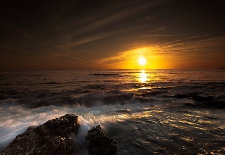 the ultimate sea sunset - rocks, clouds, sunset, sea, waves