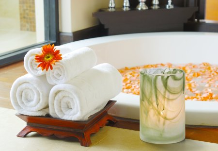 âœ¿ Hours of Light âœ¿ - wellness, water, feng shui, white, entertainment, bath, orange, towels, flowers