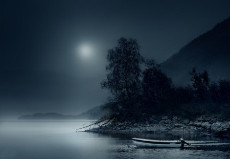 Blue Night - moon, lake, night, boat