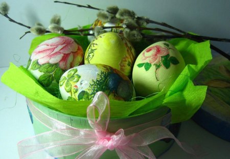 Lovely Easter - boxes, eggs, tape, holiday, easter, ribbon, willow, spring