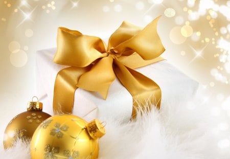 ✿ Snow season ✿ - light, shiny, ribbon, winter, forever, balls, snowy, present, gold, love, christmas, white, nature, season, bright, gift, bow