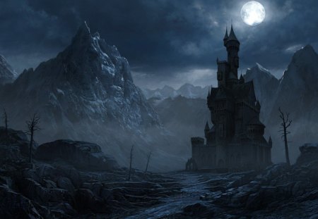 DRACULAS CASTLE - moon, sky, draculas, clouds, castle, night, mountains