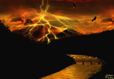 Fire Lightning - sunsets, storms, lightning, rivers