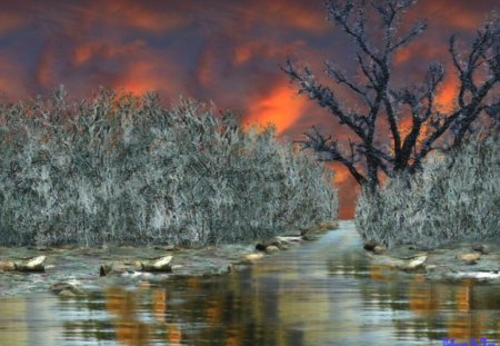 Winter Evening - sunsets, winter, water, clouds, rivers, snow